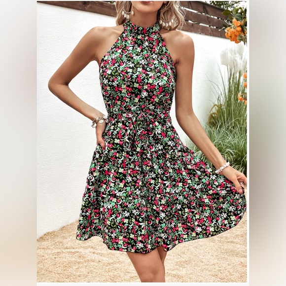 Mira Floral Print Belted Halter Dress - Picture 4 of 6